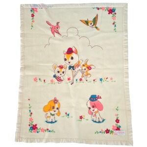 Vintage Satin Trim Infants Baby Blanket Cream Yellow‎ Animal Theme Taiwan